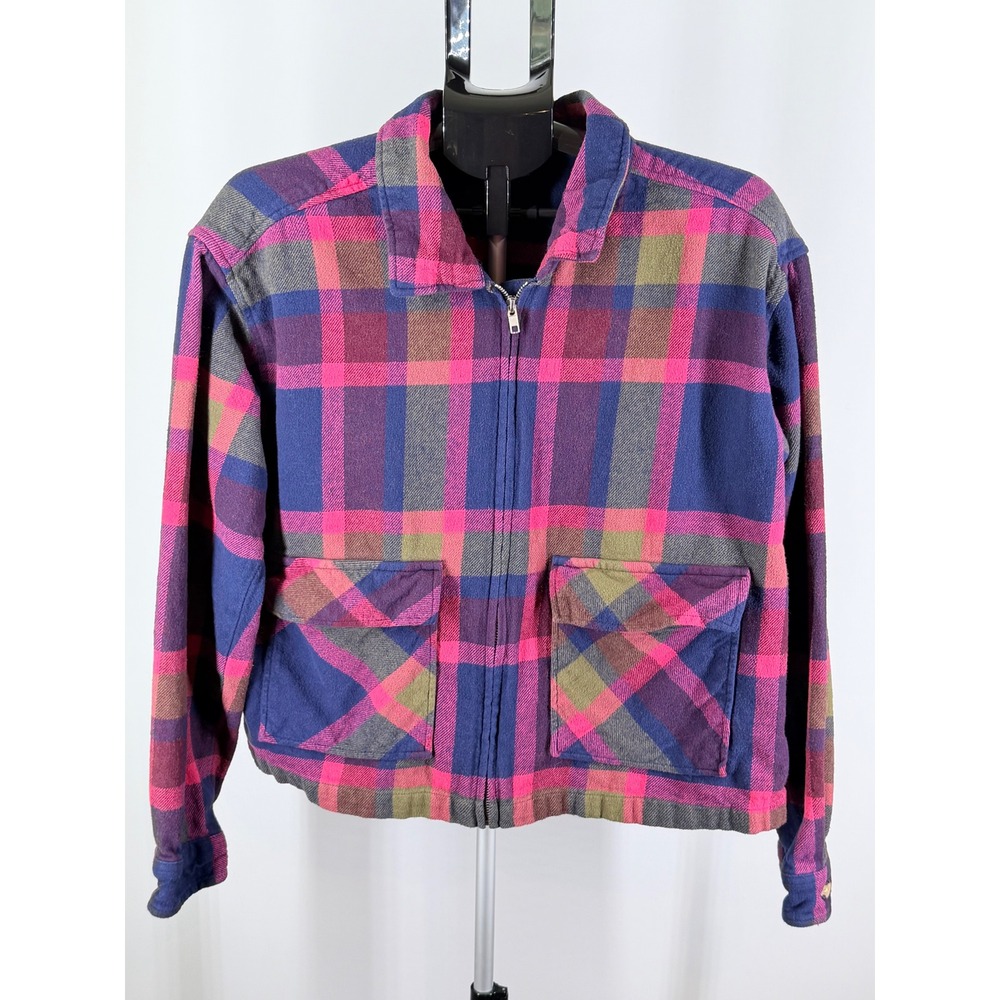 Beachlunchlounge Plaid Flannel Zip Up Jacket Pink Purple Blue Cotton L